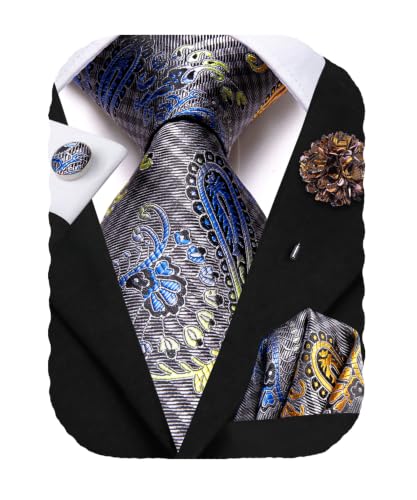 Hi-Tie Men's Grey Blue Paisley Silk Tie Pocket Square Cufflinks Set
