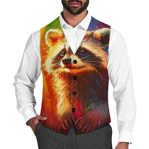 Feral Raccoon Rainbow Suit Vest for Men Slim Fit Sleeveless Jacket V Neck Business Waistcoat Button Up Dressy Top