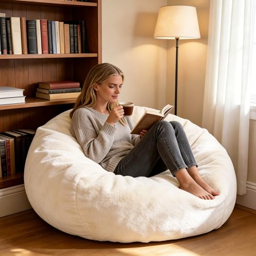 Faux Fur Comfy Bean Bag Chair Cover (No Filler)Stuffed Animal Storage Beige