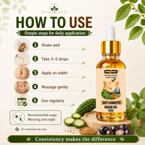 Image of Anti Diabetic Nabhi Oil for Blood Sugar Management | For Sugar Support, Control sugar Cravings | Ayurvedic Navel Therapy for Multi Benefit Oil for Daily Wellness | Nabhi Therapy for Overnight Treatment | नाभि तेल | Pack of 2 x 30ml=60ml