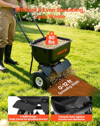 Image of VEVOR Push Lawn Spreader 80 lbs Capacity Walk-Behind Broadcast Spreader | for Garden Care, 12 ft Spreading Width & 15 Adjustable Settings, 10 in All-Terrain Tires for Seed Fertilizer, Salt Ice Melt | For Garden Care, 12 ft Spreading Width & 15 Adjustable Settings, 10 in All-Terrain Tires for Seed Fertilizer, Salt Ice Melt
