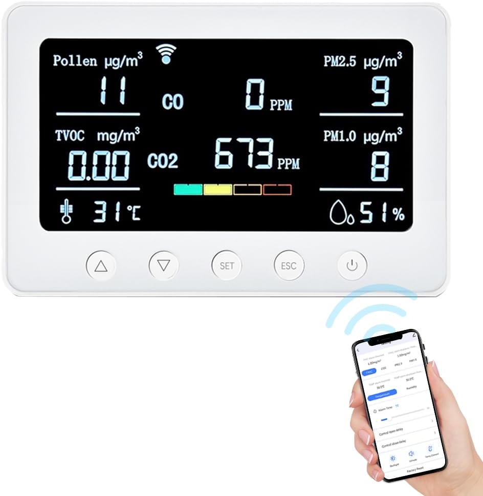 Labymos 2.4GHz WiFi Air Quality 8-in-1 CO2/CO/PM2.5/PM1.0/TVOC/Pollen/Temperature and Humidity Meter with Alarm Smart Tuya APP NDIR Sensor Portable RS485 Data Logger Indoor Air Quality