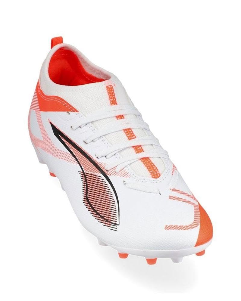 Puma - Ultra 5 Match MG JR, Zapatillas de fútbol Unisexo, Puma White-Puma Black-Glowing Red,