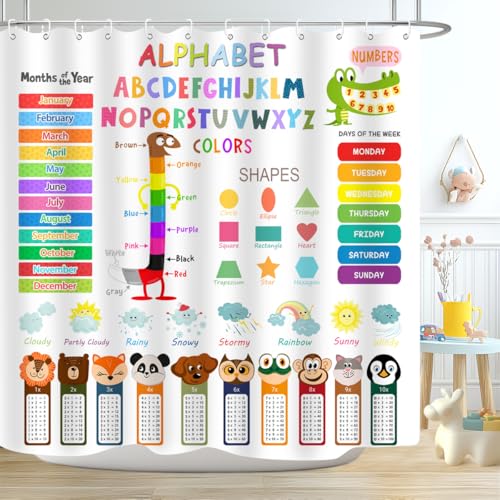 Image of ABC Educational Shower Curtain Kids Learning Tool Funny Cartoon Animals Colors Shapes Weathers Multiplication Table Girls Boys Colorful Decor Waterproof Fabric 72Lx72W Inch with Hooks