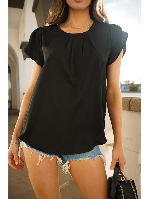 Dokotoo Women's Casual Round Neck Basic Pleated Tops Short Sleeve Loose Fit Curved Keyhole Back Chiffon Blouses Tshirts