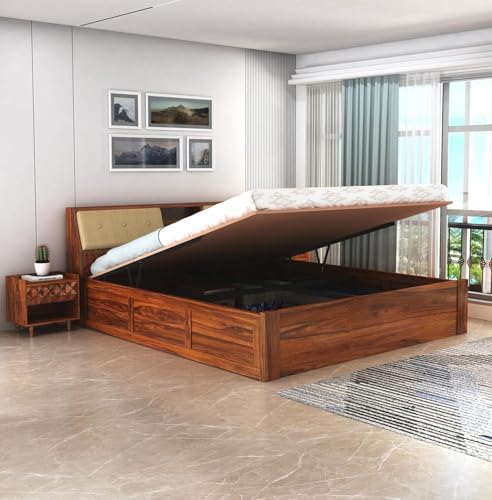 Image of TG Furniture Sheesham Wood Queen Size Bed with Storage | Wooden Double Bed with Hydraulic Storage for Bedroom & Hotel | Platform Cot Bed Palang | 78 X 60 Inch, Natural Finish