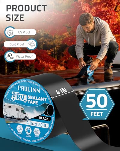 Image of PAULINN RV Camper Roofing Repair Sealant Tape Black, 4 Inch X 50 Foot Natural Rubber Roof Sealing Tape, UV & Weatherproof Roof Seal Tape for RV Camper Trailer Boat Sealing Leak Repair