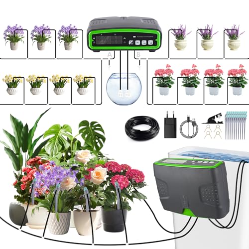 Automatische Bewässerung Indoor,Bewässerungssystem mit Doppelte Pumpe Unabhängige Kontrolle,Einstellbare Wassermenge,DIY-Tropfbewässerungsset für 20 Topfpflanzen,Ideal als Urlaubsbewässerungssystem