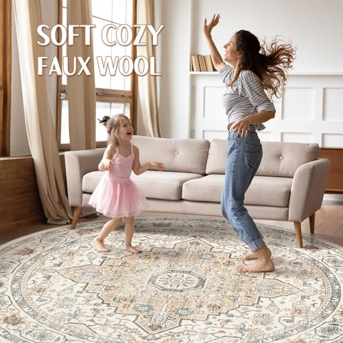 Round Rug Living Room Rugs: 8Ft Washable Boho Neutral Large Circle Soft Indoor Floral Stain Resistant Floor Farmhouse Carpet for Bedroom Nursery Kids Playroom Office Dining Room Dorm Home- Cream Blue
