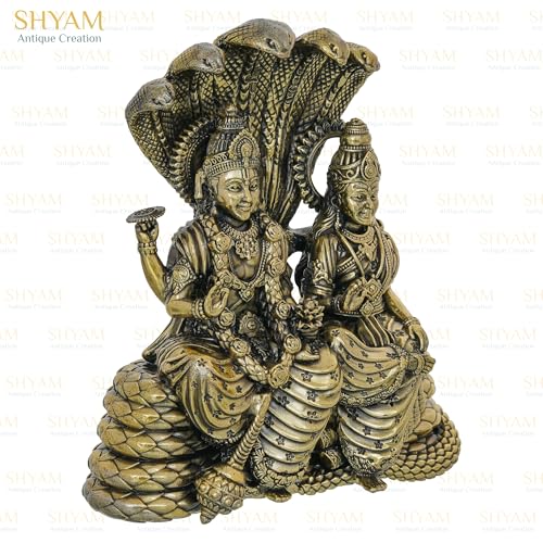 Image of Maa Laxmi And Vishnu Ji Resting On Snake Idol Brass 5.5 Inch Maa Lakshmi Vishnu Ji Sitting On Sheshnag Murti Lakshmi Narayan Statue for Home Office Temple Diwali Puja Gifting Decor Purpose