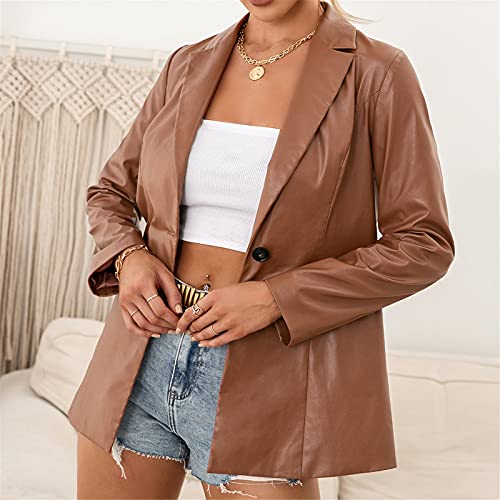 Xfbh Ladies Mid-Length Slim Single-Breasted Windbreaker Coat Motorcycle Women's Pu Leather Jacket Blazer Size S-Xl(Size:l,Color:brown) #TOP2