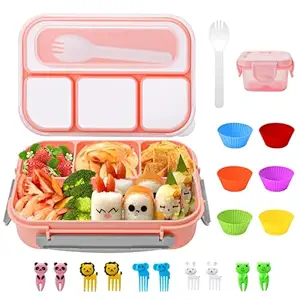 SCIREATH Bento Box Lunch Box Kit for Kids Adults, 1300ML Large 4-Compartment Lunch Box w/Fun Accessories Silicone Cake Cups, Cute Food Picks & Sauce Can, Durable Leakproof Meal Prep Container