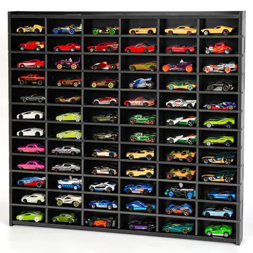 Arkiya Toy Car Storage Display Case, 72 Slots Model Car Display Shelf for 1/64 Scale Toy Cars, Wall Mount Organizer Rack for Diecast Models (Black)