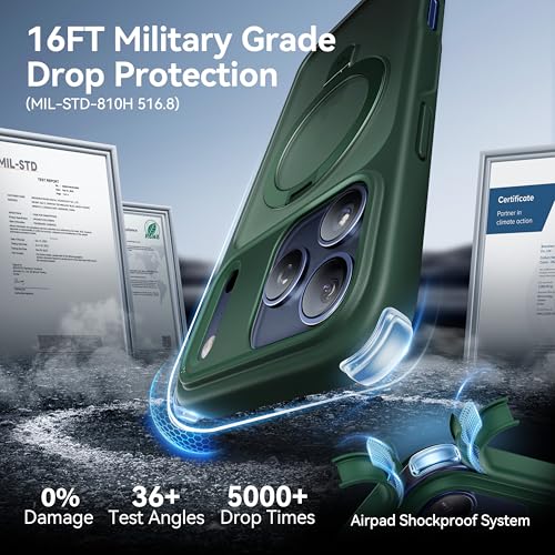Image of CASEKOO Ultra-Magnetic Stand for iPhone 17 Pro Max Case, Shockproof, Green | [Military Drop Protection] [Compatible with MagSafe] Translucent Matte for iPhone 17 Pro Max Phone Case with Ring Holder 6.9 inch