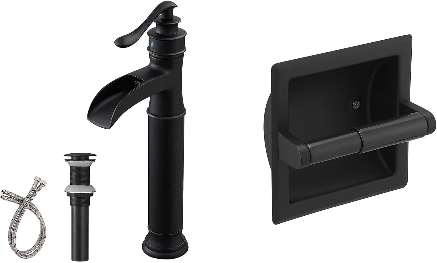 BWE Vessel Sink Faucet Waterfall Matte Black with Pop Up Drain Without Overflow Bundle with Tower Racks for Bathroom,Wall Mounted Bathroom Towel Storage,304 Stainless Steel Tower Holder with Two Hooks