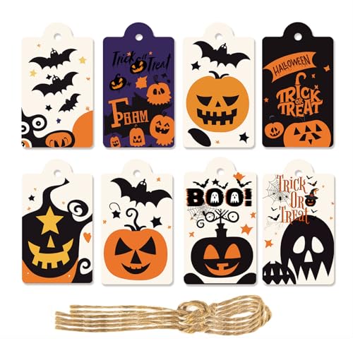 80Pcs Halloween Paper Gift Tags with String Cute Ghost Pumpkin Devil Bat Pattern Halloween Tags for Candy Bag Gift Wrapping Party Favors Supplies Decor Hanging Crafts