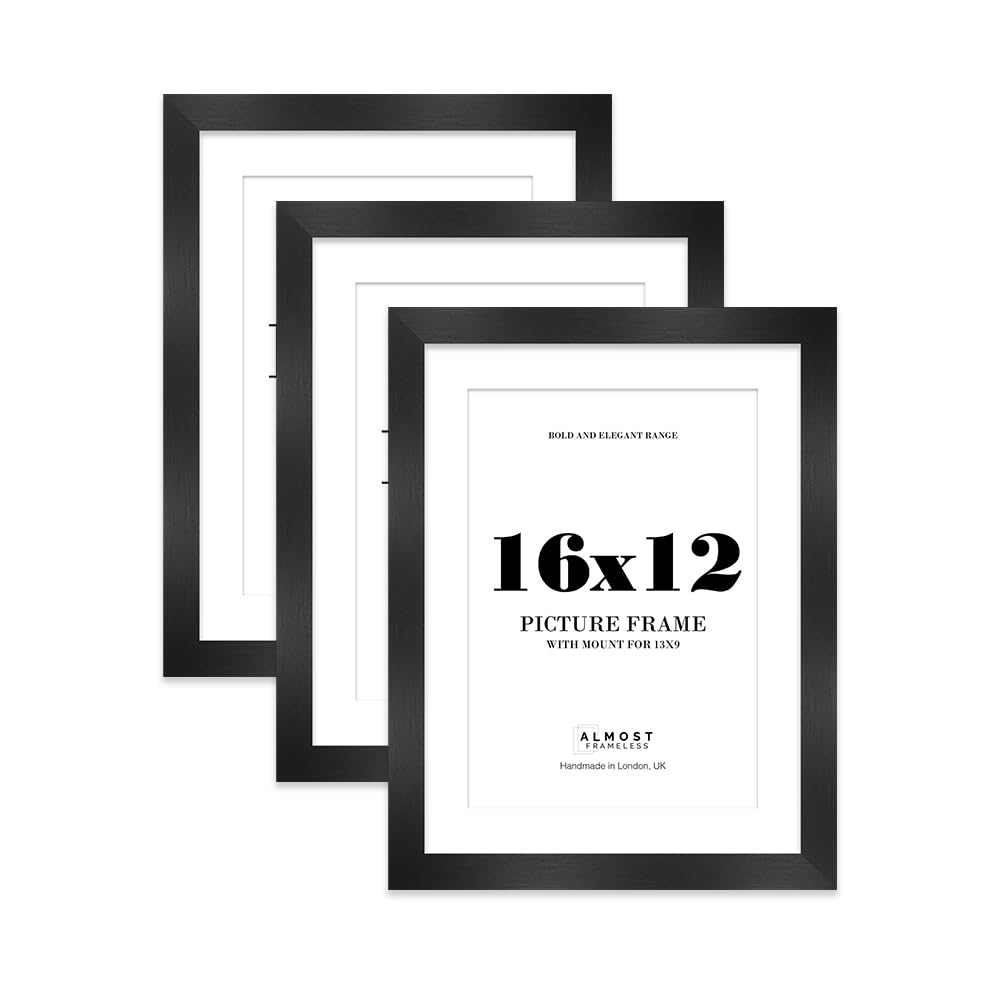 16x12 Black Frame With Mount for 13x9 Pictures 28mm Edge Portrait and Landscape Display with Wall Hooks, 3 Pack