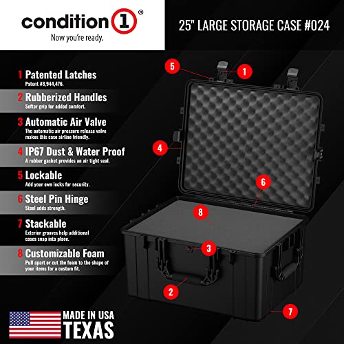 Condition 1 25" Large Heavy-Duty Protective Waterproof Hard Case, Model 024, Portable Storage Box with Customizable Foam, Camera, Tool, Hunting, Made in USA, 24.27"x19.40"x13.57" Black by Condition 1 - Image 3