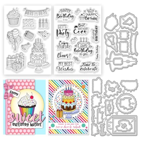 ACRNIGHEET 51Pcs Happy Birthday Clear Stamps and Dies for Card Making Metal Cutting Die Sets Birthday Wishes Cake Gift Die Cuts for DIY Crafting Album Paper Scrapbooking