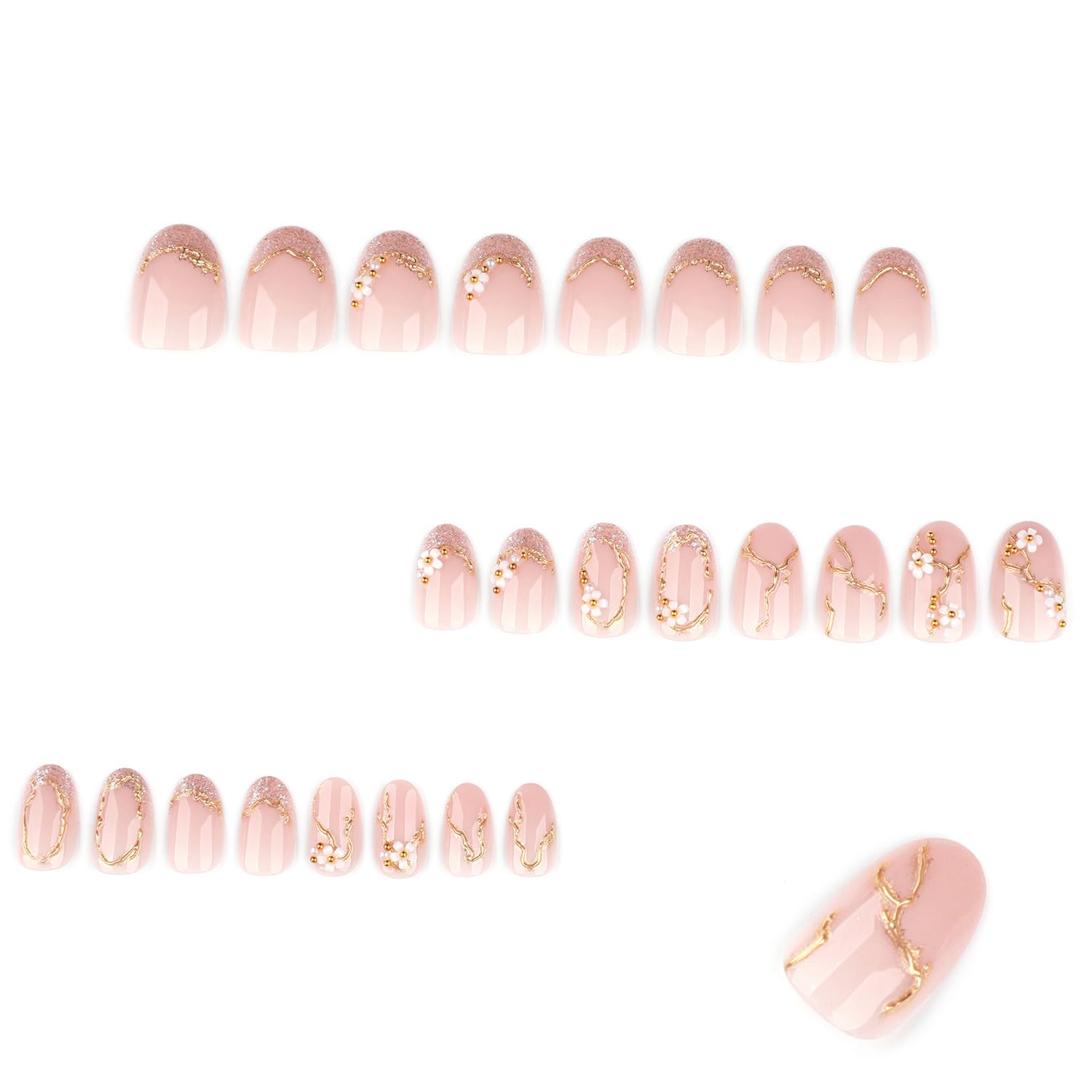 Nude Pink Flower Press on Nails Short Fakes Nails Almond Shape False Nails with Spring Flower Desings Nail Press Ons Full Cover Glue on Nails Spring Gold Lines Acrylic Nail for Women