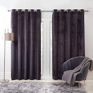 Sienna Capri Shimmer Velvet Eyelet Curtains Pair of Fully Lined Super Soft Window Treatment - Charcoal, 66" wide x 90" drop