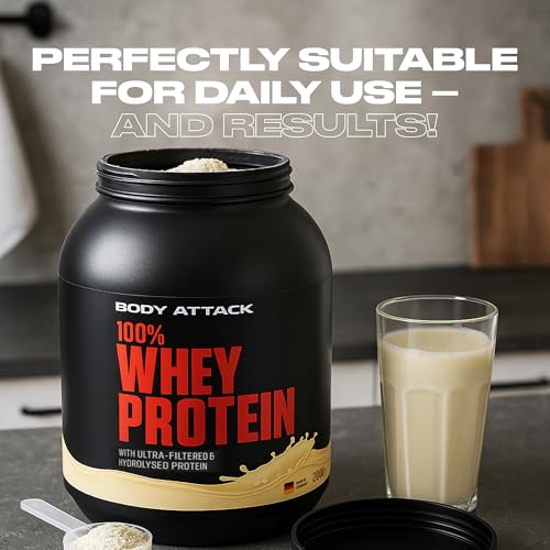 Body Attack 100% Whey Protein Vanilla, 2 kg - Made in Germany - extra cremiges Eiweißpulver mit Hydrolysat und BCAA´s, unterstützt Muskelaufbau und Diäten, für alle Sportler & Athleten