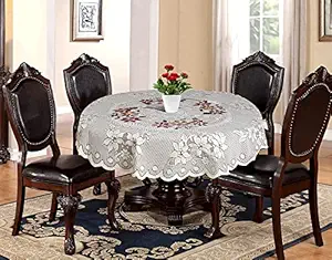 CHANDER Net Cotton Flowered Round Printed Table Cover (36 Inches, Small, Beige, Pack of 1)