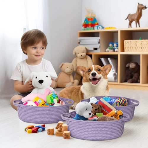 Image of Small Baskets for Gifts Empty, 13 inchx 9 inchx 5 inch Woven Gift Basket with Bag and Ribbon, Cotton Rope Kids Dog Cat Toy Bin Box, Cute Baby Nursery Organizer, Decorative Storage with Handles,Purple