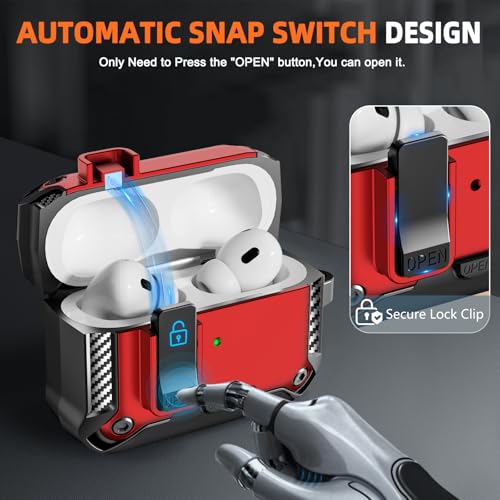 Image of for AirPods Pro 1st /2nd Case with Lock & Phone Stand(Red) | Automatic Snap Switch Lock,Carbon Fiber Texture Design Cover with Cleaner Kit