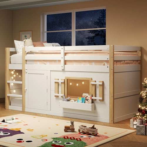 TOBIDOEN Cama alta para niños de 90 x 200 cm, cama de madera maciza con escalera y protección anticaídas, puerta y ventana inferior, litera, esquina para juegos o cama, sin colchón, color blanco