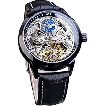 FORSINING Mens Skeleton Moon Phase Watch Mechanical Self-Wind Tourbillon Dual Time Zone Watches Automatic Luxury Leather Strap Large Dial Wristwatch