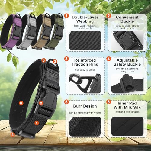 Ledeak Taktisches Hundehalsband, Verstellbares Polypropylen Nylon Hunde Halsband mit Sicherheitsschnalle, Gepolstert Weich Hundehalsbander, Tactical Dog Collar für Mittlere Große Hunde (Violett, M)