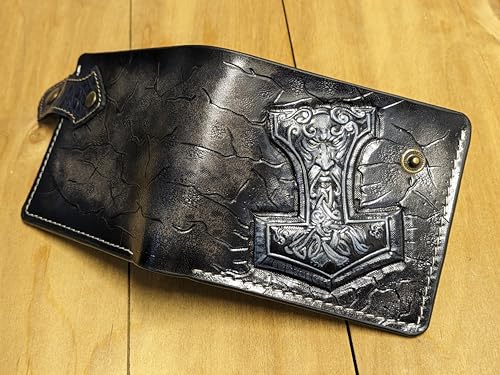 Celtic Style, Mjolnir, Thor Hammer, Crow, Raven, Odin, Norse Knots, Viking, Men's 3D Genuine Leather Wallet, Handmade wallet, Carved wallet, Tooled wallet, Bifold wallet, Custom Personalized wallet2