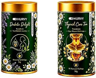 HURVY Diabetic Delight and Thyroid Care Herbal Tea, Tulsi Chamomile Mint Lavender Hibiscus Butterfly Pea Flowers, 70 g Each, Pack of 2 | Natural Blend