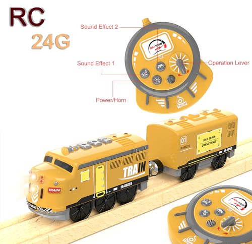 Image of Motorized Train for Kids, Remote Control Locomotive Train Toy for Wooden Tracks, Battery Powered Electric Trains with Sound & Lights Effects Compatible with Thomas, Brio, Chuggington