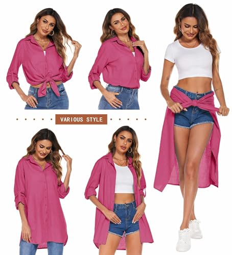Image of HOTOUCH Women Boyfriend Shirts Button Down Long Sleeve Blouse Cuffed Sleeve Collared Shirt