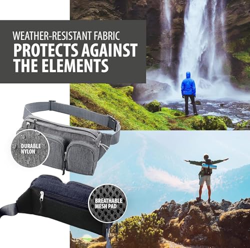 Gürteltasche für Damen und Herren, süße Hüfttasche – zum Wandern, Reisen, Campen und Laufen – Loch für Kopfhörer, Geldgürtel mit 6 Taschen, Gurtverlängerung (grau)