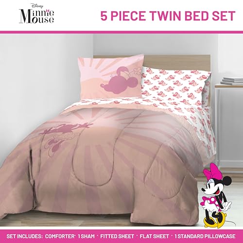 Image of Disney Minnie Mouse Twin Comforter Set 5 Piece Bedding for Girls, Pink | Bed in a Bag, Comforter Sheets Sham Pillowcase, Official Product, Soft Microfiber, Machine Washable, Easy Care, Girls Gift