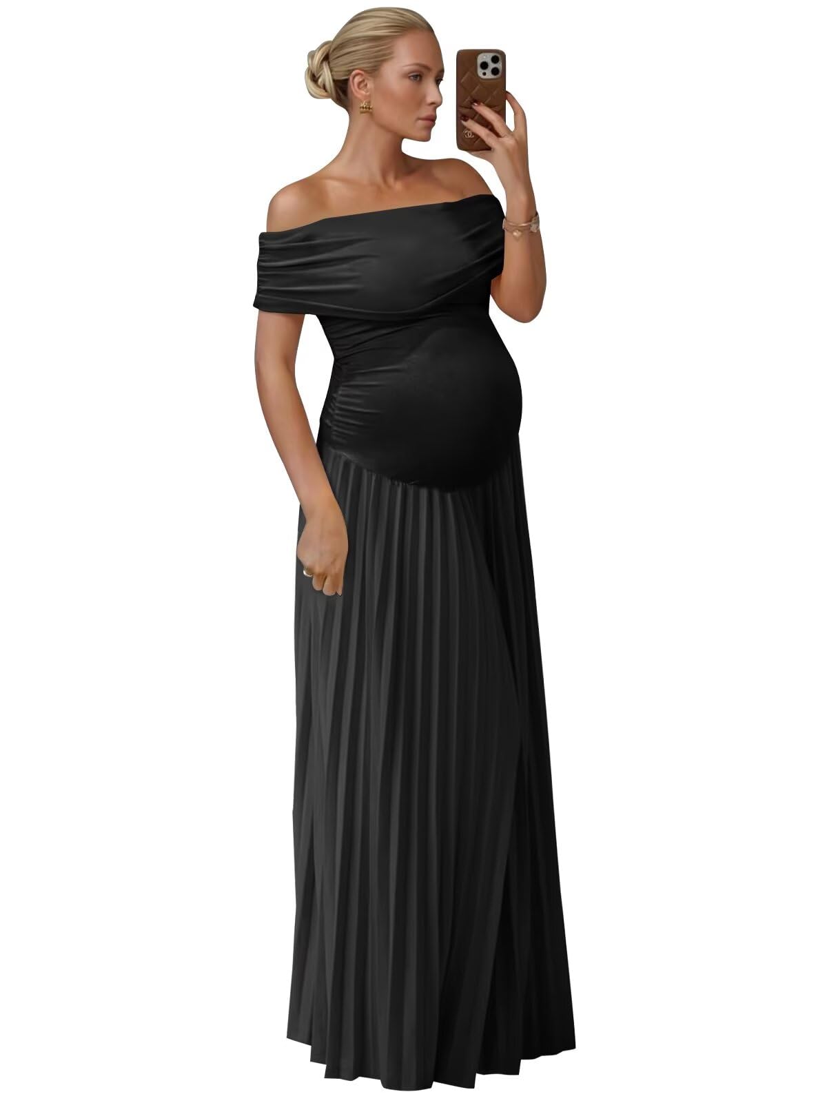 Fivsole Off Shoulder Maternity Dresses for Photoshoot Long Pleated Baby Shower Dress Formal Pregnancy Gowns