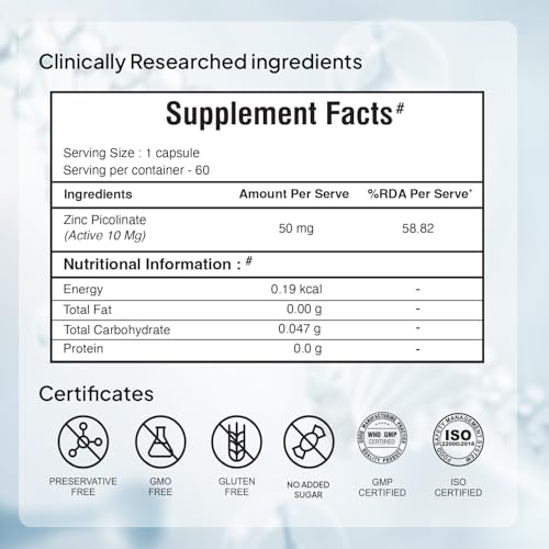 Image of Miduty Zinc Picolinate 50 mg - High-Absorption Chelated Zinc Supplement - Immune Support, Skin & Hair Health - Supports overall wellness, Muscle Strength & Metabolism- For Men & Women - 60 Capsules