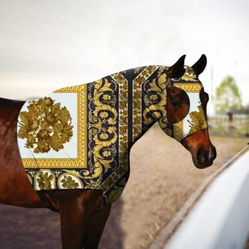 Horse Slicker Hood with Zipper: Snug Fit, No-Ears Design, and Extra Large Eye Holes for Face, Shoulders, Mane, Chest, and Withers - Perfect for Show-M(Black Gold