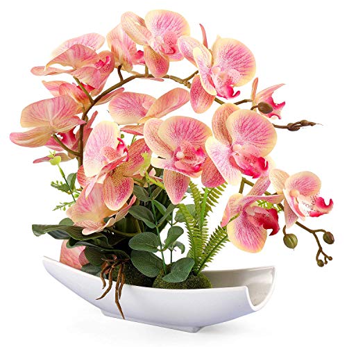 Yobansa Decorativo Real Touch Orchid Bonsai Flores Artificiales con macetas de Porcelana de imitación Phalaenopsis Arreglos Florales para la decoración del hogar (Pink 03)