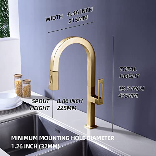 Brushed Gold Kitchen Faucet Square-Shaped Pull Down Sprayer Bar Sink Faucet High Arc Single Handle Single Hole Brass Faucet With Dual Function Pull Out Spray Head #TOP5