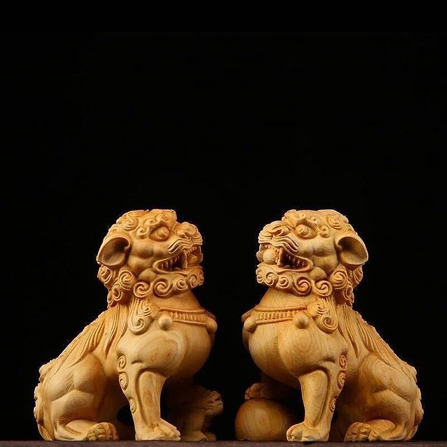 Amazon.co.jp: 天然 崖柏木 木彫り仏像 狛犬獅子 風水開運置物 招財雄
