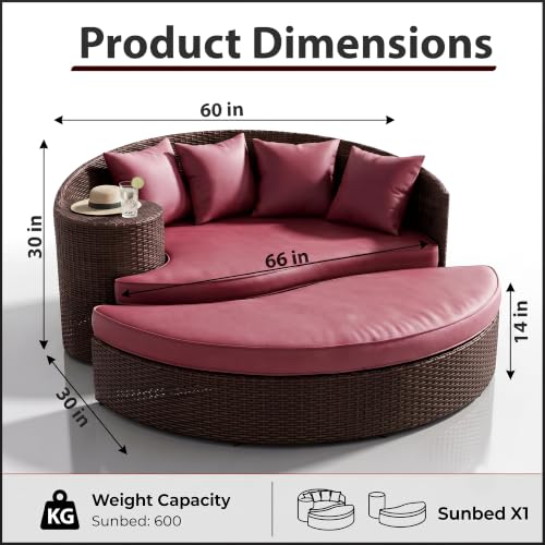 Image of BRISHI Outdoor Patio Daybed /Sunbed /Swimming Pool Side /Sun Lounger /Garden /Terrace /Balcony /Wicker and Rattan Daybed (Dark Brown /Maroon)
