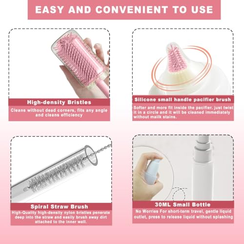 Image of TONY STARK Baby Non-Toxic, Bottle Cleaning Brushes Set with Stand for Baby Milk Bottle, Nipple, Straw,Silicone Bristle Bottle Cleaner Brush for Movable Cleaning (Blossom Bear (Pink))