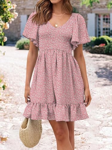 Image of UEAL Womens Cute Floral Smocked V Neck Flutter Sleeve Sundress with Pockets Casual Spring Summer Dresses for Women 2026
