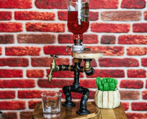 Alcohol Whiskey Wine Liquor Dispenser,Wooden Base Industrial Table Lamp,Steampunk Waiter/Waitress Robot Decor Whiskey Holder, Rustic Style, Bar Accessories for Home Bar (Yes, Personalised Base)
