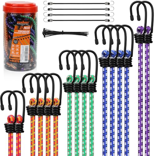 HORUSDY 21 - Piece Bungee Cord Set with Hooks & Straps, 10”/18”/24”/30”/36”/48” Heavy Duty Bungee Cords Assortment for Camping, Truck, Moving, Emergency, Outdoor Storage (30 Nylon Cable Ties Extra)