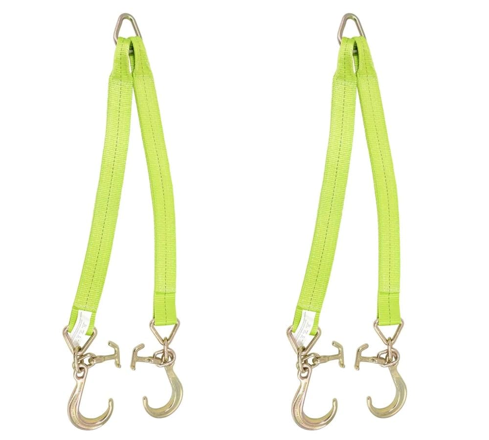 Mytee Products (2 Pack) V Bridle Tow Strap 3" x 36" w/ 8" Mini J Hooks, T-J Hooks, Hi VIZ/High Abrasion Green Webbing, 5400 lbs WLL | Recovery V-Strap